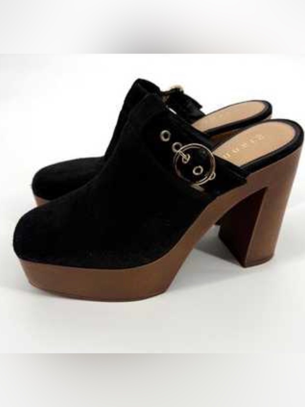 Black Suede Platform Mule with Brown Block Heel